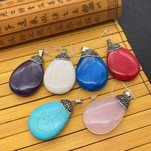 Waterdrop-shaped natural stone pendants with sparkling rhinestone inlay and metal bails