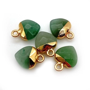 Green natural stone heart pendants with gold electroplated metal caps for jewelry making