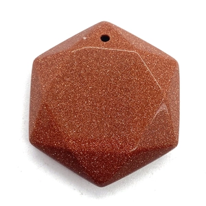 Hexagonal faceted goldstone pendant with sparkling mineral particles and pre-drilled hole