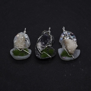 Handmade wire-wrapped raw crystal pendant with freshwater pearls and resin accents