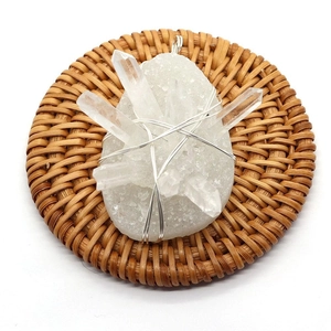 Irregular natural white crystal druzy pendant with handmade silver wire wrap detail