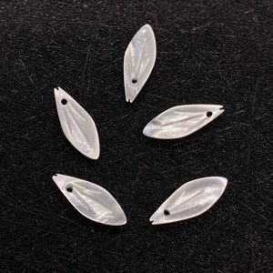 Five leaf-shaped natural mother of pearl shell charms with iridescent finish and top drill