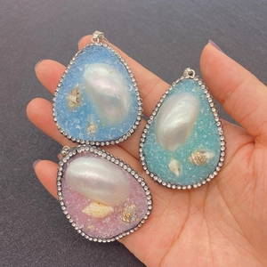 Water-drop natural shell resin pendant with baroque pearl and silver bail charms