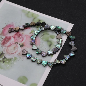 Iridescent heart-shaped abalone shell beads for DIY jewelry making displayed on a floral card