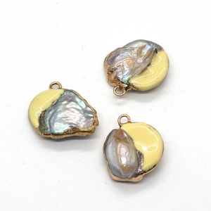 Baroque pearl pendants with yellow enamel coating and gold plated edges for DIY jewelry