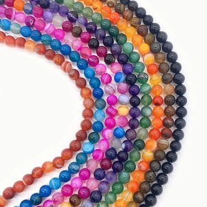 Polished natural striped agate round beads in colorful rainbow gradient for DIY jewelry