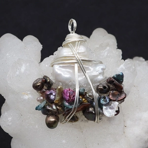 Handcrafted baroque pearl pendant with colorful small pearls and silver wire wrap detail