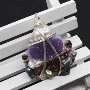 Handmade wire wrapped pendant with purple druzy stone and colorful freshwater pearls