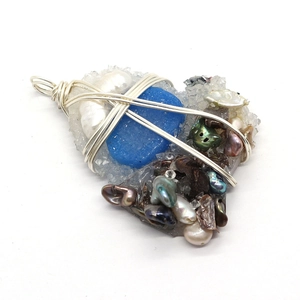 Artisan wire-wrapped pendant featuring natural baroque pearls and blue crystal stone