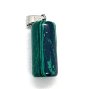 Close-up of a cylindrical malachite pendant featuring green stripes and a silver bail