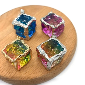 Cube natural stone crystal pendants with gold and silver metal rings for DIY jewelry