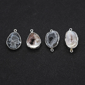 Macro detail of irregular agate geode connectors with silver electroplated edges