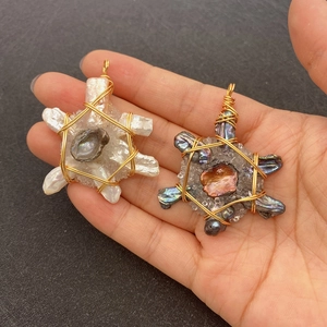 Handmade wire-wrapped turtle pendants with irregular freshwater pearls and crystals
