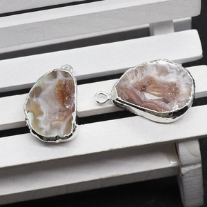 Set of irregular natural agate druzy pendants with silver plated edges for DIY jewelry