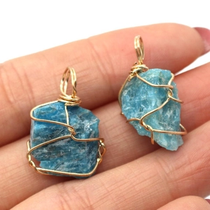 Irregular blue natural stone pendants with gold wire wrapping for DIY jewelry making