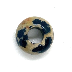 Flat round Dalmatian Jasper natural stone bead with black spots and polished finish