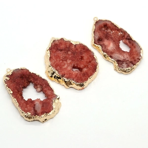 Irregular raw red quartz crystal pendant with gold plated edges for DIY jewelry making