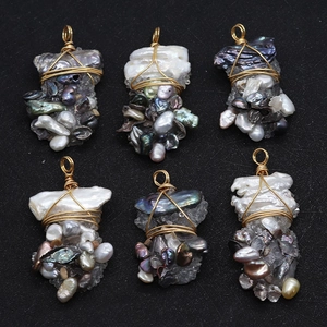 Set of 6 Baroque freshwater pearl pendants with crystal cluster and gold wire wrapping
