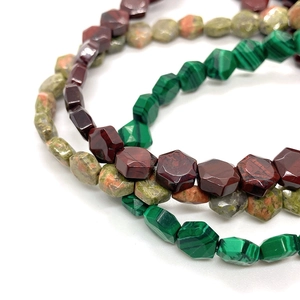 Faceted hexagon natural gemstone beads featuring malachite and jasper for DIY jewelry