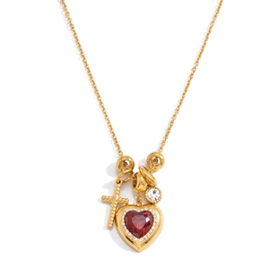 Minimalistische goldene Herz-Halskette mit rotem Zirkon und kleinem Kreuzanhänger