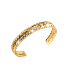 Elegant gold titanium C-shaped open bracelet with V-pattern engraving and clear zircon stones