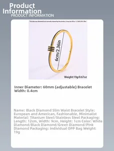 Detail view showing dimensions and materials of the titanium steel gold bangle with black crystals