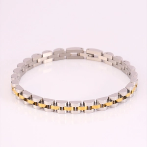 Detailed macro view of two-tone stainless steel watch band with solid three-link design