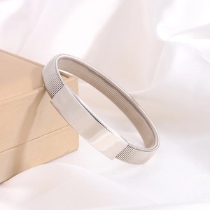 Detailaufnahme eines flexiblen Silberstahl-Federarmbands auf Seide mit Box