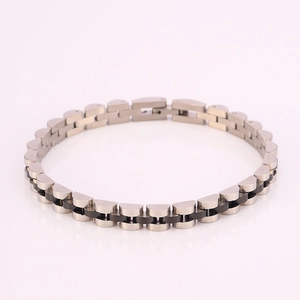 Macro shot of silver and black stainless steel watch-style bracelet with link details