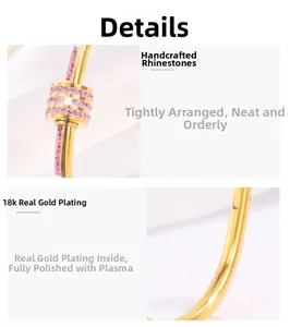Detail view of 18k gold plated titanium bracelet with pink crystals and polished finish