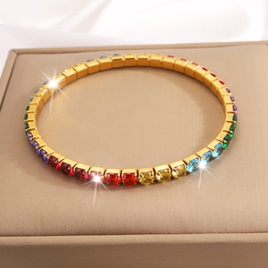 Lujosa Pulsera de Tenis de Acero Inoxidable para Mujer Brazalete Elástico con Fila de Diamantes y Circonita Joyería Arcoíris Fiesta