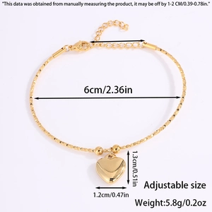Medidas detalladas de la pulsera de corazón dorado con dimensiones y peso exactos