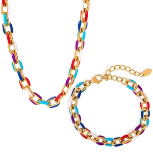Massives 18k vergoldetes Edelstahl-Halsketten- und Armband-Set mit bunter Emaille