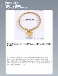Detail specifications of golden heart horseshoe bracelet showing 60mm diameter and steel material