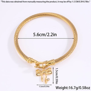 Detailed size chart for gold-tone rope bracelet with bow pendant and measurements
