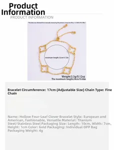 Macro detail of adjustable gold titanium steel four-leaf clover bracelet with slider clasp