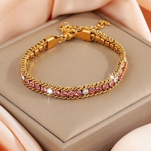 Elegante bracciale a doppia catena placcato oro con cristalli rosa e bianchi lucidi