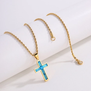 Luxuriöse goldene Kordelkette mit blauem Zirkon Kreuzanhänger für Damen Halskette