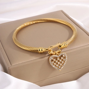 Gold Stainless Steel Twisted Cable Bangle Bracelet For Women Heart Sun Daisy Bow Charm Rhinestone Inlaid Horseshoe Clasp Jewelry Gift