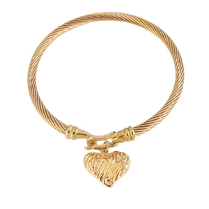 Gold stainless steel twisted cable bangle featuring a lava texture heart-shaped charm