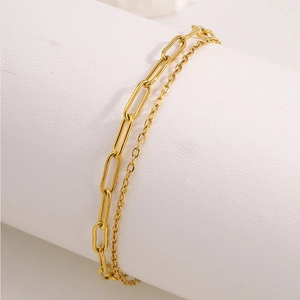 Elegant gold double-layered stainless steel paperclip and link chain bracelet for women