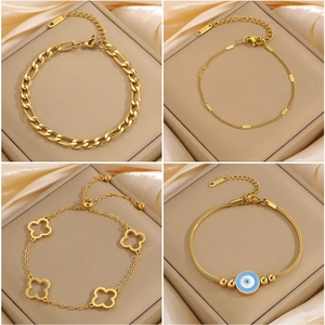 Titanium Steel Figaro Bracelet Gold Hollow Four Leaf Clover Evil Eye Snake Chain Adjustable Bracelet For Women Men Jewelry