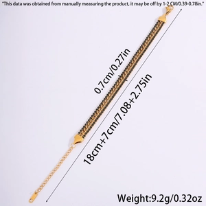 Detail showing dimensions of gold-plated stainless steel curb chain bracelet with black stones
