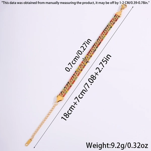 Detailed size map of colorful rhinestone 18k gold plated stainless steel Cuban chain bracelet