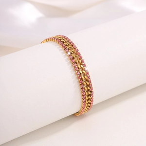 Luxurious 18k gold plated stainless steel curb chain bracelet with pink rhinestones