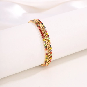 Luxurious 18k gold plated stainless steel Cuban chain bracelet with multi-color zircons