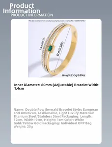 Detail showing 60mm inner diameter and 1.4cm width of gold emerald crystal bangle