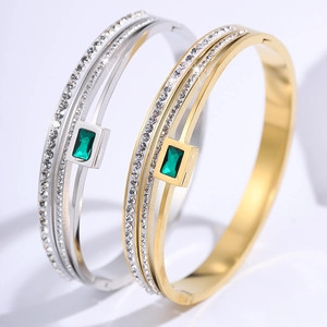 Triple Layer Titanium Steel Bangle For Women Inlaid Rhinestone Emerald Green Gemstone Square Charm Stainless Steel Bracelet Jewelry