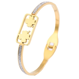 Goudkleurige titanium stalen armband met klavertje vier en ingelegde diamanten