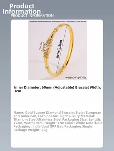 Detail of gold titanium steel bangle with center square zircon and paved side stones